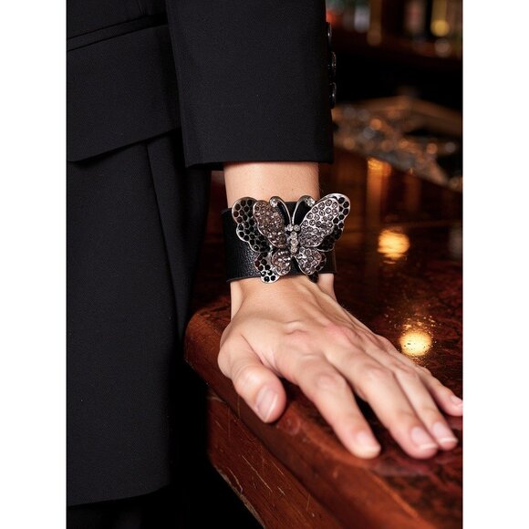 Black Leather Butterfly Bracelet Rhinestones & Adjustable Buckle Closure - Picture 1 of 5